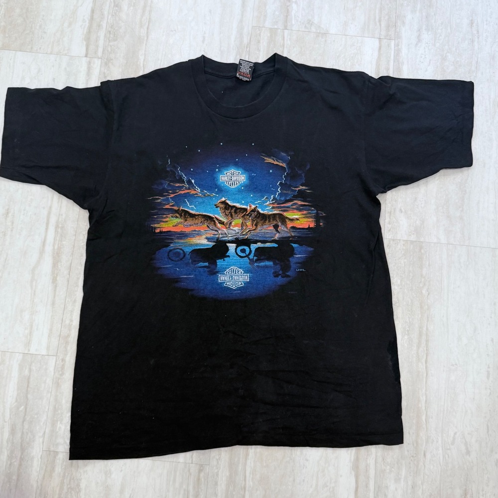 Vintage Harley Davidson Wolf Moonlit Myrtle Beach SC T-Shirt 1996 Holoubek XL